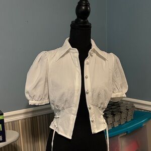SHEIN White Puff Sleeve Button-Front Crop Blouse